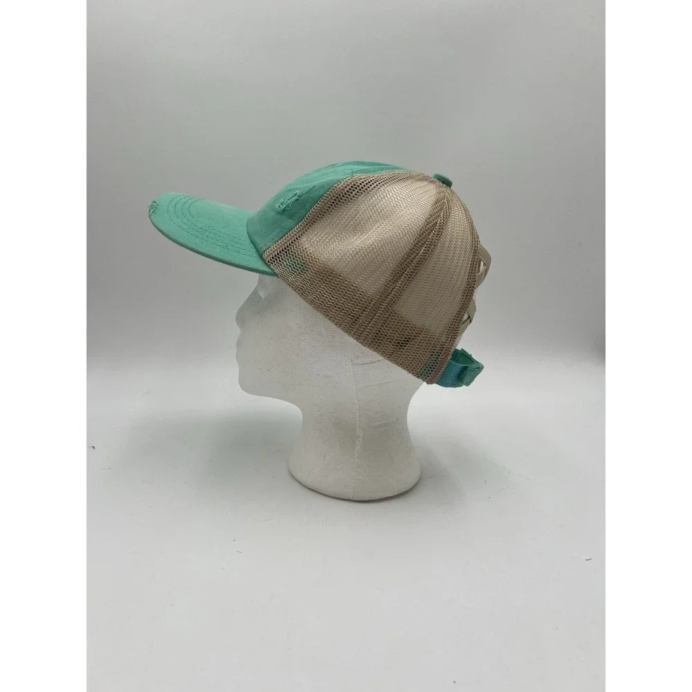 Distressed Ponytail Trucker Hat Criss Cross Messy Bun Mint Green Tan Mesh Cap